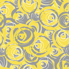 Abstract paint dab circle vector seamless pattern background. Backdrop with yellow, grey painterly circular brush swirls spatter. Overlapping texture design. All over print for summer beach concept