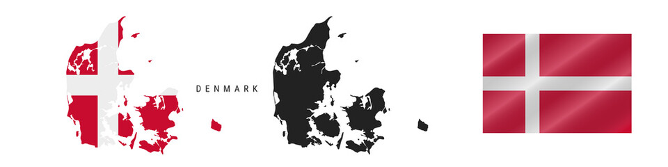 Fototapeta premium Denmark. Map with masked flag. Detailed silhouette. Waving flag. Vector illustration isolated on white.