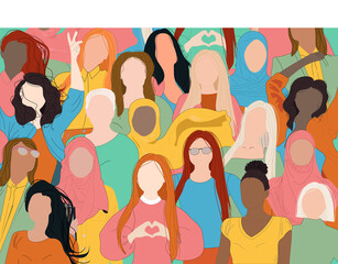 Female diverse faces of different ethnicity. Women empowerment movement pattern. International women's day graphic in vector in blue, yellow and green colors.