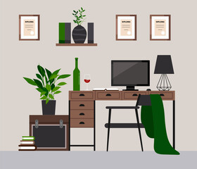 Workplace concept. Office interior. Design for co working. Desktop with computer, lamp, wine, diploma, book, organized, plant. Self-education. Cabinet. Study