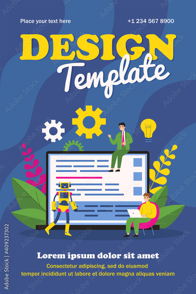 Poster tiny men and robot near laptop computer with code. idea, bulb, project flat vector illustration. dev