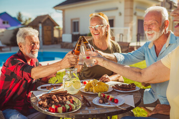 Senior friends making a toast while having an outdoor lunch