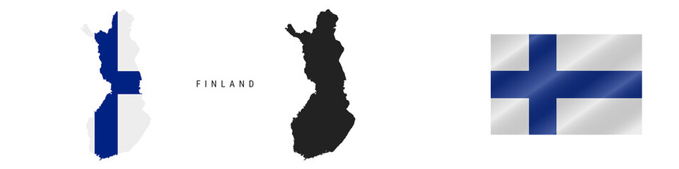 Obraz premium Finland. Map with masked flag. Detailed silhouette. Waving flag. Vector illustration isolated on white.