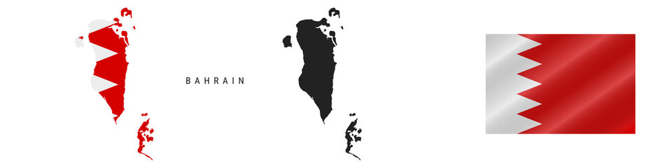 Bahrain. Map with masked flag. Detailed silhouette. Waving flag. Vector illustration isolated on white.