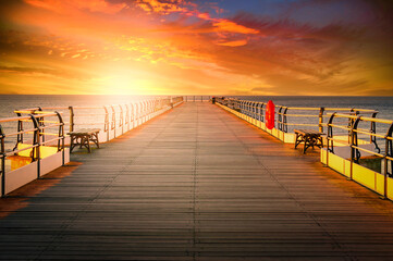 Wooden pier at sunset in Saltburn by the Sea, North Yorkshire, UK