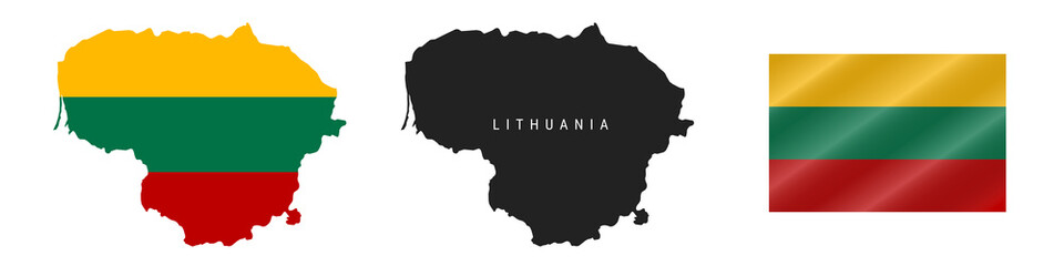 Lithuania. Map with masked flag. Detailed silhouette. Waving flag. Vector illustration isolated on white.