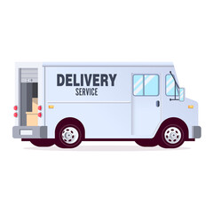 White delivery truck filled with boxes.  Isolated on a white background.  Flat style