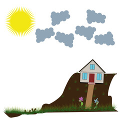 House in the meadow around grass, sun, beautiful clouds and a path to the garden