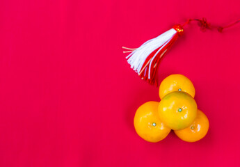 Fresh orange on red fabric background, Chinese new year concept background idea