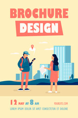 Tourist with paper map asking destination. Man explaining way to woman, using location app on cell flat vector illustration. Navigation, travel concept for banner, website design or landing web page