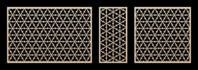 Laser cut pattern set. Vector design with elegant geometric ornament, hexagonal grid, mesh. Template for cnc cutting, decorative panels of wood, metal, plastic, plywood. Aspect ratio 3:2, 1:2, 1:1