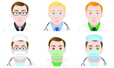 Icons of men doctors in different outfits, in medical masks, in white coats, in glasses, with stethoscopes. Set of vector avatars. Isolated illustration on white background