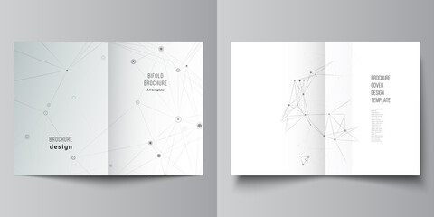 Vector layout of two A4 cover mockups templates for bifold brochure, flyer, magazine, cover design, book design. Gray technology background with connecting lines and dots. Network concept.