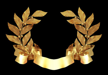 A frame of golden laurel wreaths with a ribbon. Gold ribbon for lettering or advertising. 3d render