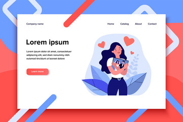 Happy woman hugging her wedding picture. Young married lady, new family, couple flat vector illustration. Marriage, love, relationship concept for banner, website design or landing web page