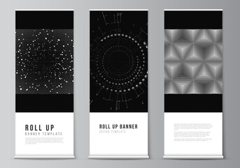 Vector layout of roll up design templates for vertical flyers, flags design templates, banner stands. Black color technology background. Digital visualization of science, medicine, tech concept.