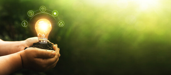 Hands holding illuminated light bulb against nature. Ecology concept. Energy sources for renewable,...