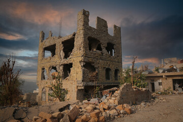 A house destroyed by war and heavy fighting in the Yemeni city of Taiz
