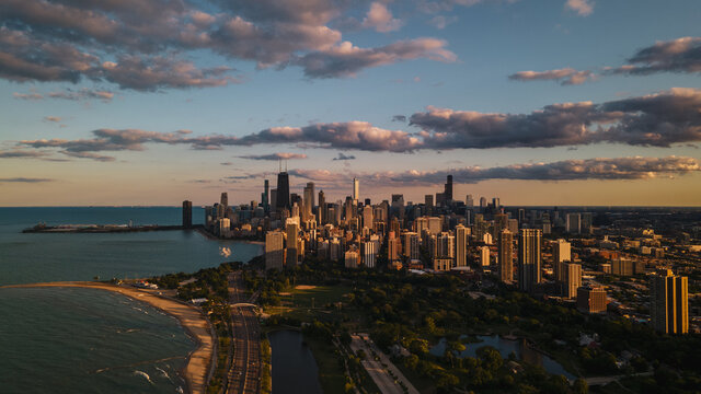 Chicago Skyline Evening Drone Aerial Footage