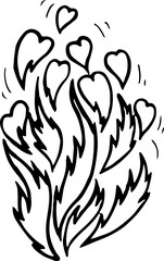 the flame of love hand drawn in a vector with the image of hearts and a bonfire