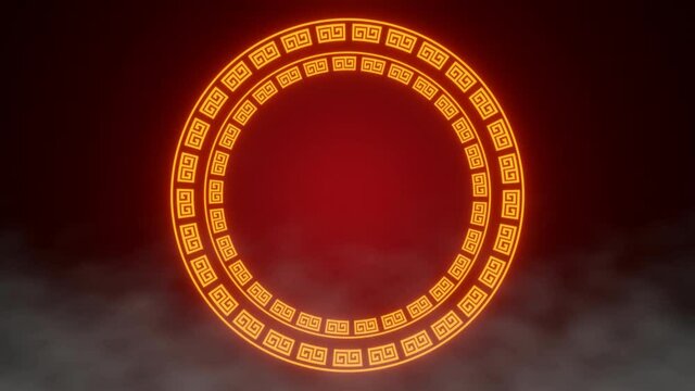 GOLD Circle Glowing neon frame for Happy chinese New Year on fog or smoke background 3D rendering
