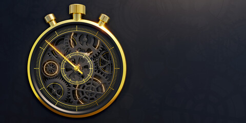 Golden black stopwatch close up at front view on dark background with cog wheel pattern. Design of my own. 3D illustration.