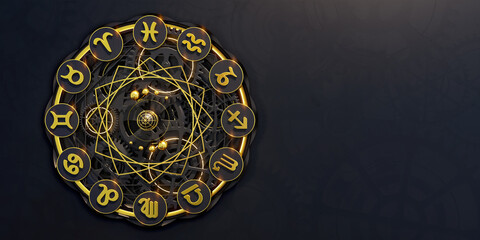Golden black zodiac circle close up at front view on dark background with cog wheel pattern. Design of my own. 3D illustration.