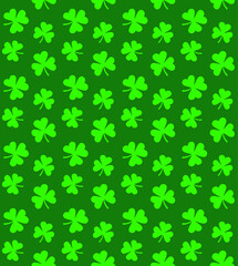 Vector seamless pattern of flat colored Irish shamrock clover isolated on green background