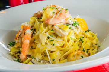 Healthy seafood spaghetti on plate