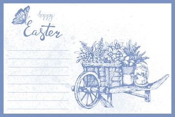 Fototapeta na wymiar Easter wooden wheelbarrow with flowers, eggs and cake. Hand-drawn. Traced vector illustration. 