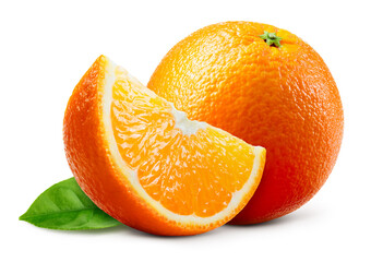 Orange fruit with leaf isolated. Orang whole, slice, leaves on white. Orange slice with isolate.
