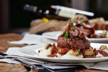 Gourmet appetizer: Beautifully decorated catering banquet foie gras with berries