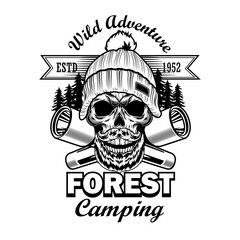 Forest camping label design. Monochrome element with skull in warm hat, flashlights, wood landscape vector illustration and text. Travel and adventure concept for stamps and emblems templates