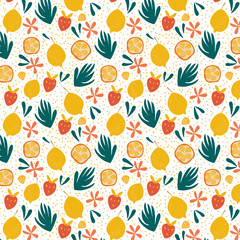 Exotic fruit seamless pattern in hand-drawn style. Fresh lemons, oranges, strawberries and bright flowers background. Vector repeat background good for printing.