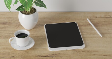 3d render Working desk with white background. tablet pencil, green plant and coffee cup on wood table. minimal workspace. simple wall interior design concept template.