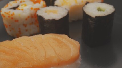 Sushi on the plate with camera motion macro footage