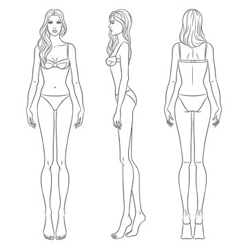 Beautiful slim woman in different poses, vector illustration. Nine head  fashion figure template. Female body, front, side and back views. Stock  Vector