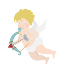 Little cute cupid with bow and arrow flies. Valentine's day illustration for design of cards and posters. Vector flat illustration isolated on white background.