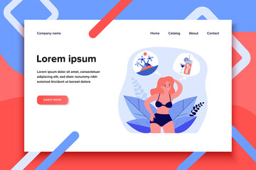 Happy woman choosing between tropical island and cocktail. Beach, bar, resort flat vector illustration. Choice, summer vacation concept for banner, website design or landing web page