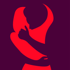 vector very stylized illustration of silhouettes of two hugging people in purple and pink colors. This illustration can be used as a card for Valentine's Day or International Hug Day.