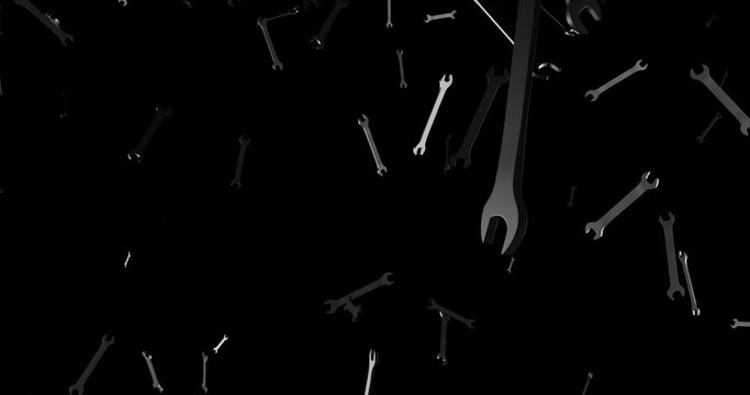 3d render with metal wrenches falling on black background