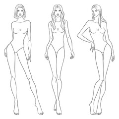 Beautiful slim women sketch, vector illustration. Nine head fashion figure templates. Fashion models walking on the podium.