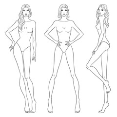 Beautiful slim women sketch, vector illustration. Nine head fashion figure templates. Fashion models walking on the podium.