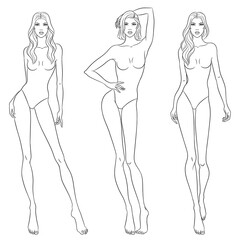 Beautiful slim women sketch, vector illustration. Nine head fashion figure templates. Fashion models walking on the podium.