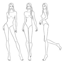 Beautiful slim women sketch, vector illustration. Nine head fashion figure templates. Fashion models walking on the podium.