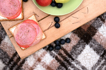 Apples, pears, grape lies on a green plate with two sandwiches on a wooden stand on a plaid. Cozy picnic on fresh air.
