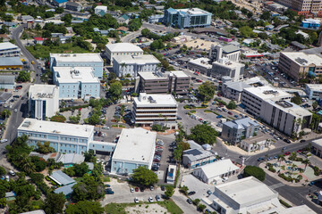 Fototapeta premium Aerial view of coastline of Grand Cayman, Cayman Islands, Capital, George Town, Financial District