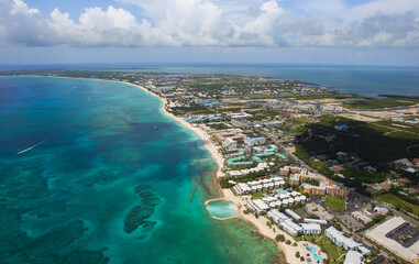Aerial view of coastline of Grand Cayman, Cayman Islands, Caribbean