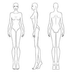 Beautiful slim woman in different poses, vector illustration. Nine head fashion figure template. Female body, front, side and back views.
