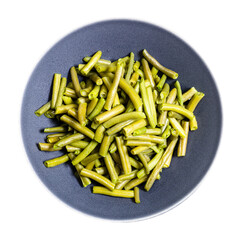top view of portion of boiled green beans on gray plate isolated on white background